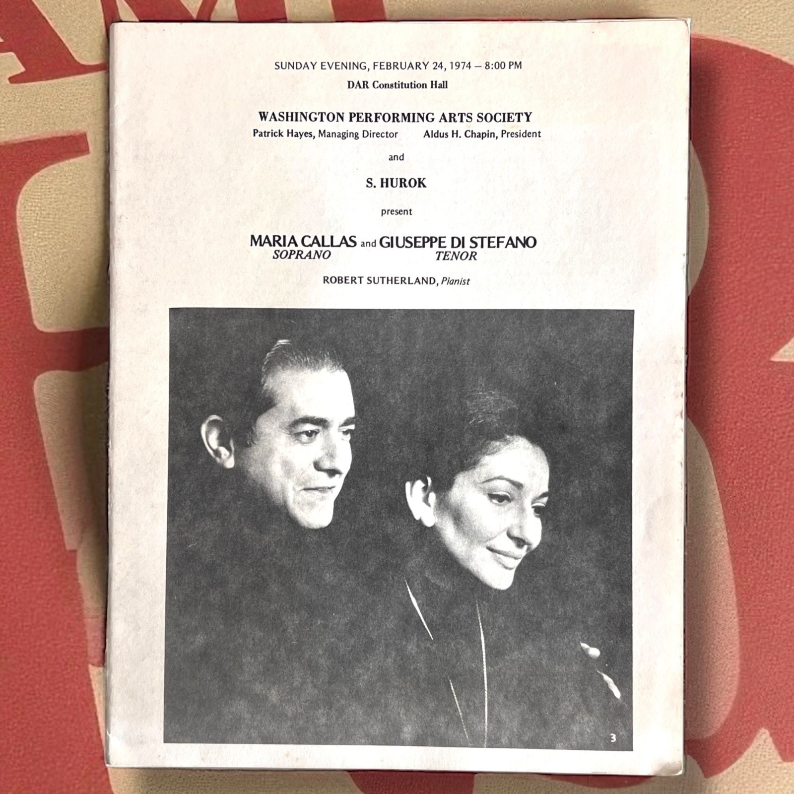 1974 An Evening with Maria Callas & Giuseppe Di Steffano Program Washington DC