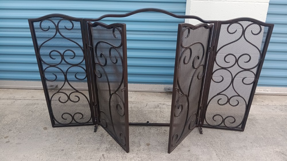 Modern 3 Panel Iron Folding Fireplace Screen with Doors, Black