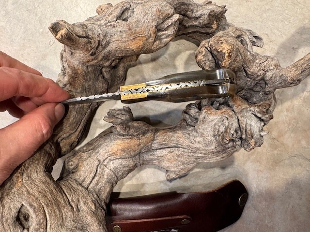 Swee Damascus folding blade knife w/ Rams horn handle, lock back blade & sheath