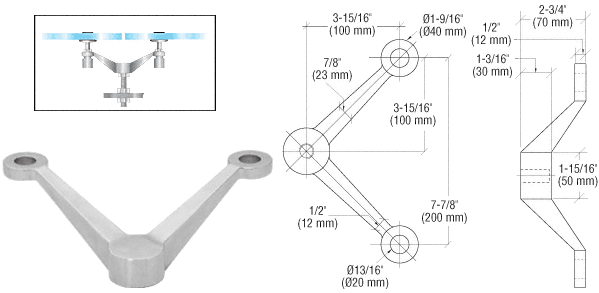 Brushed Stainless Double Arm "V" Heavy Duty Post or Column Mount Spider Fitting
