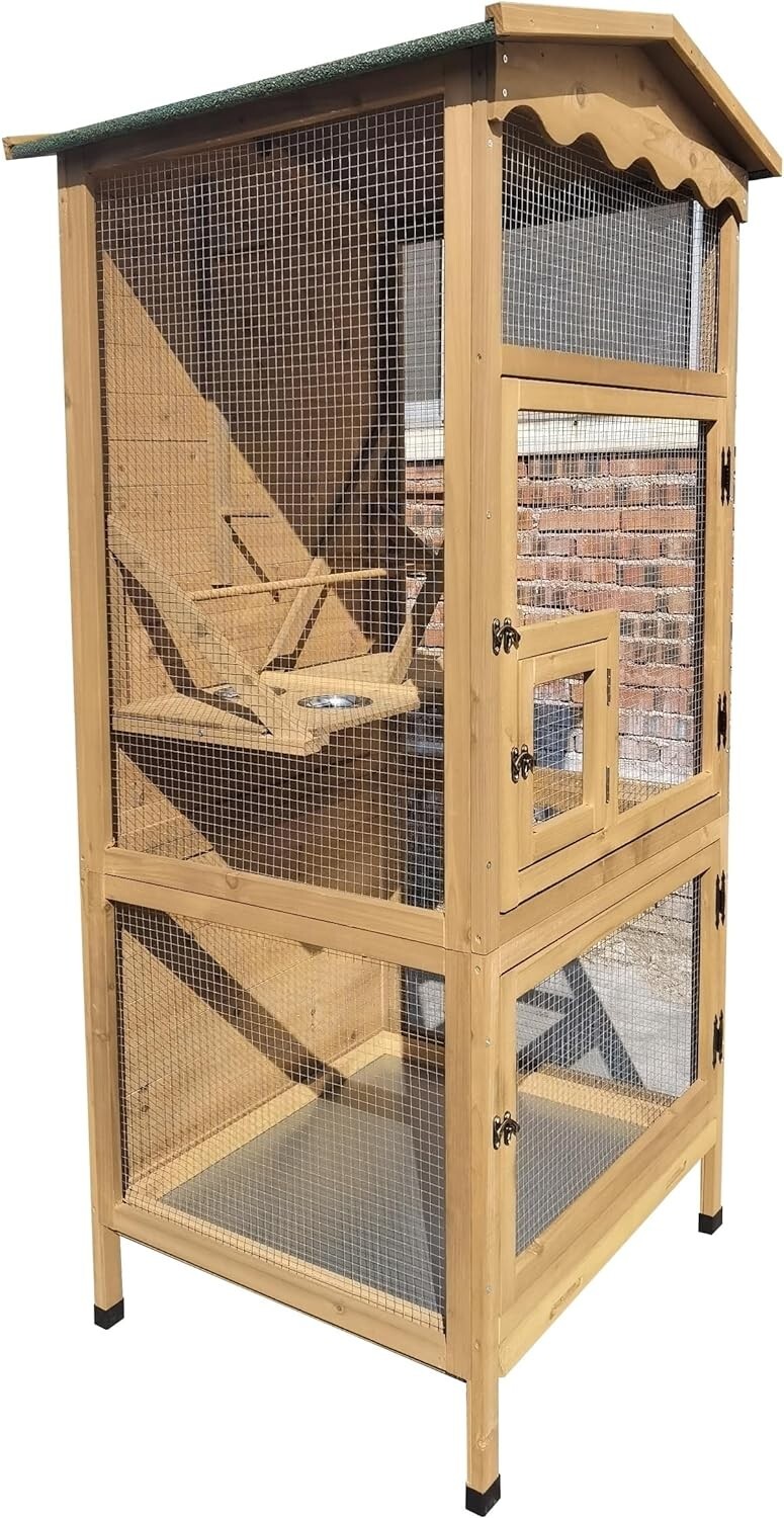 70” Large Outdoor Bird Aviary Weatherproof Wooden Indoor Bird Cage Clean Tray