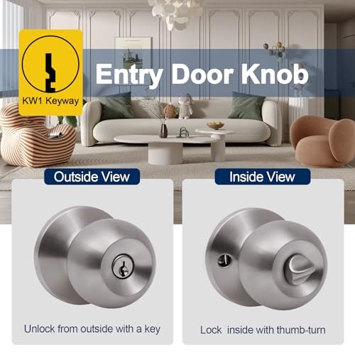 Door Knobs with Lock and Key, Keyed Entry Door 1 Pack Satin Entry with Keys