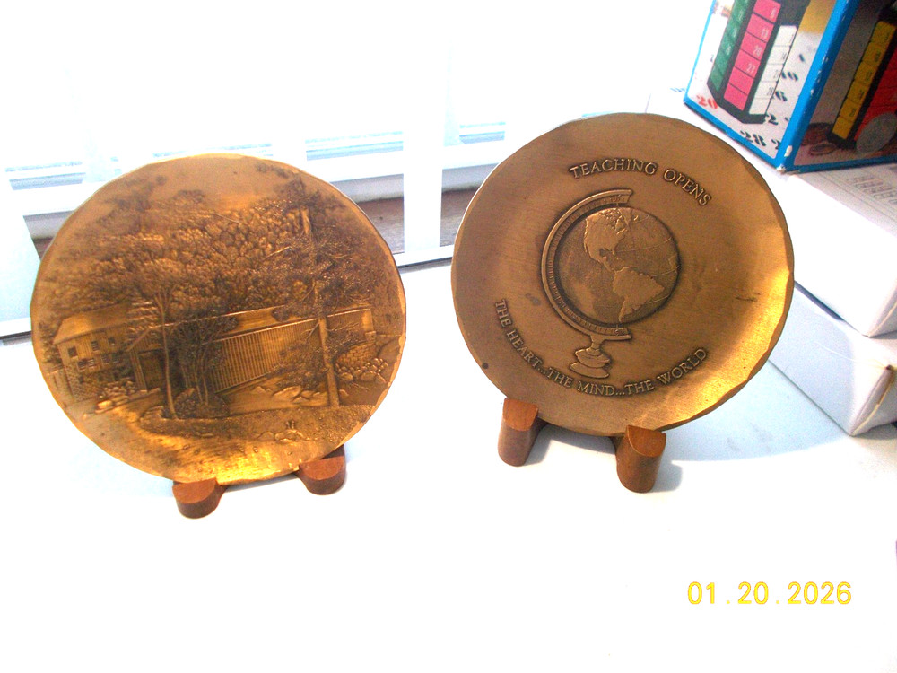 2 Wendell August Forge Solid Bronze 4-3/8" Plates: Teaching, Covered Bridge