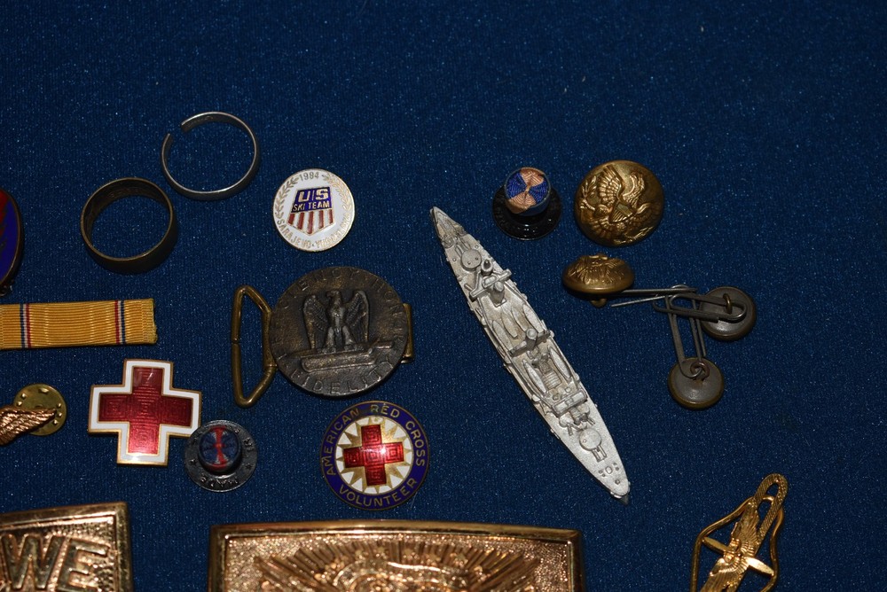 Vintage WWII Junk Drawer Mixed Lot Belt Buckles Red Cross Badges Collar Tabs DUI