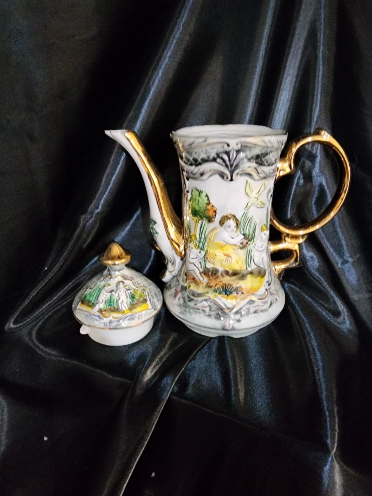 Vintage Pereiras Valado Porcelain Coffee Tea Set hand painted Portugal Cherubs