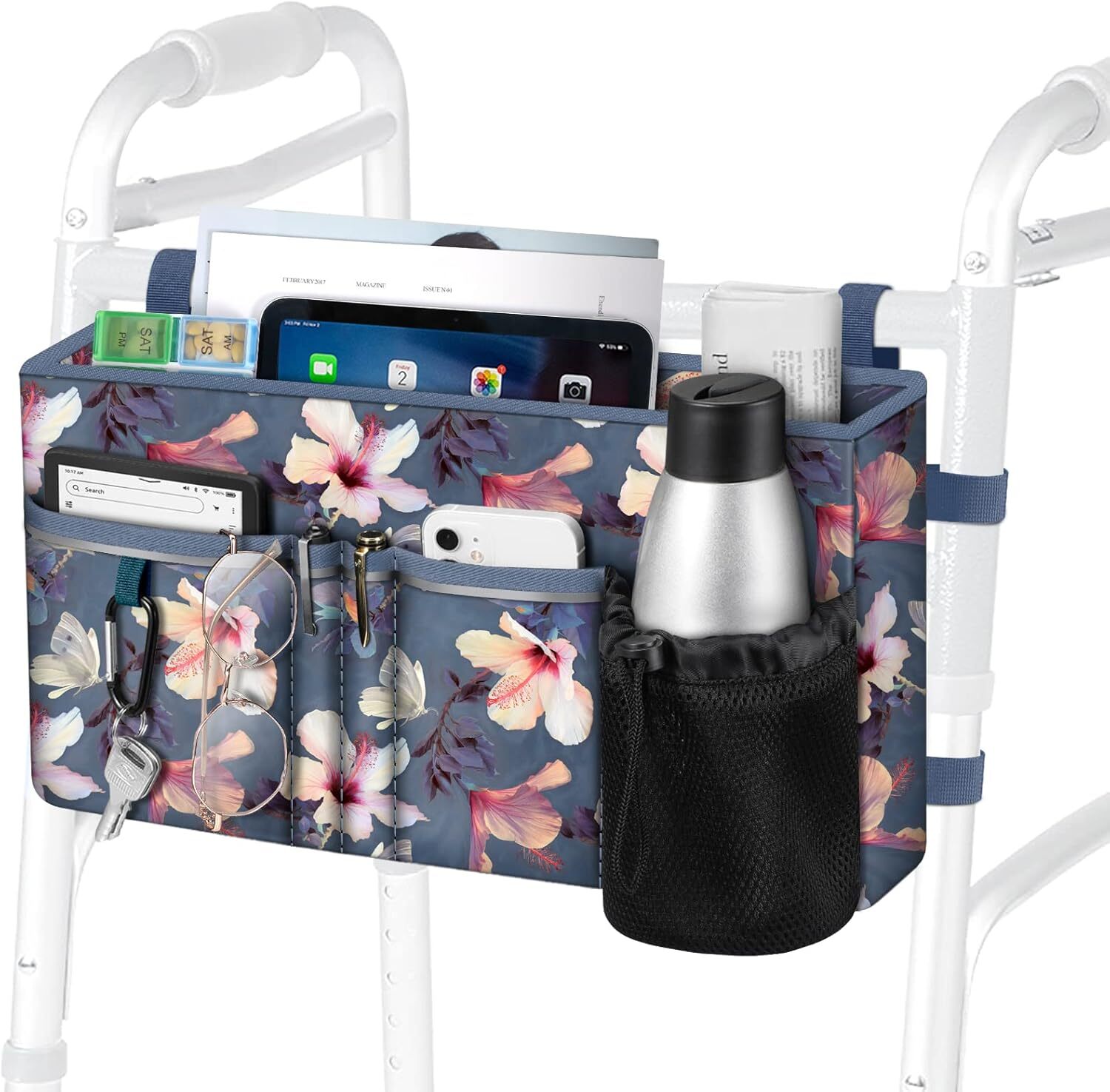 Large Walker Tote Bag with Cup Holder, Folding Walker Attachment Storage Basket