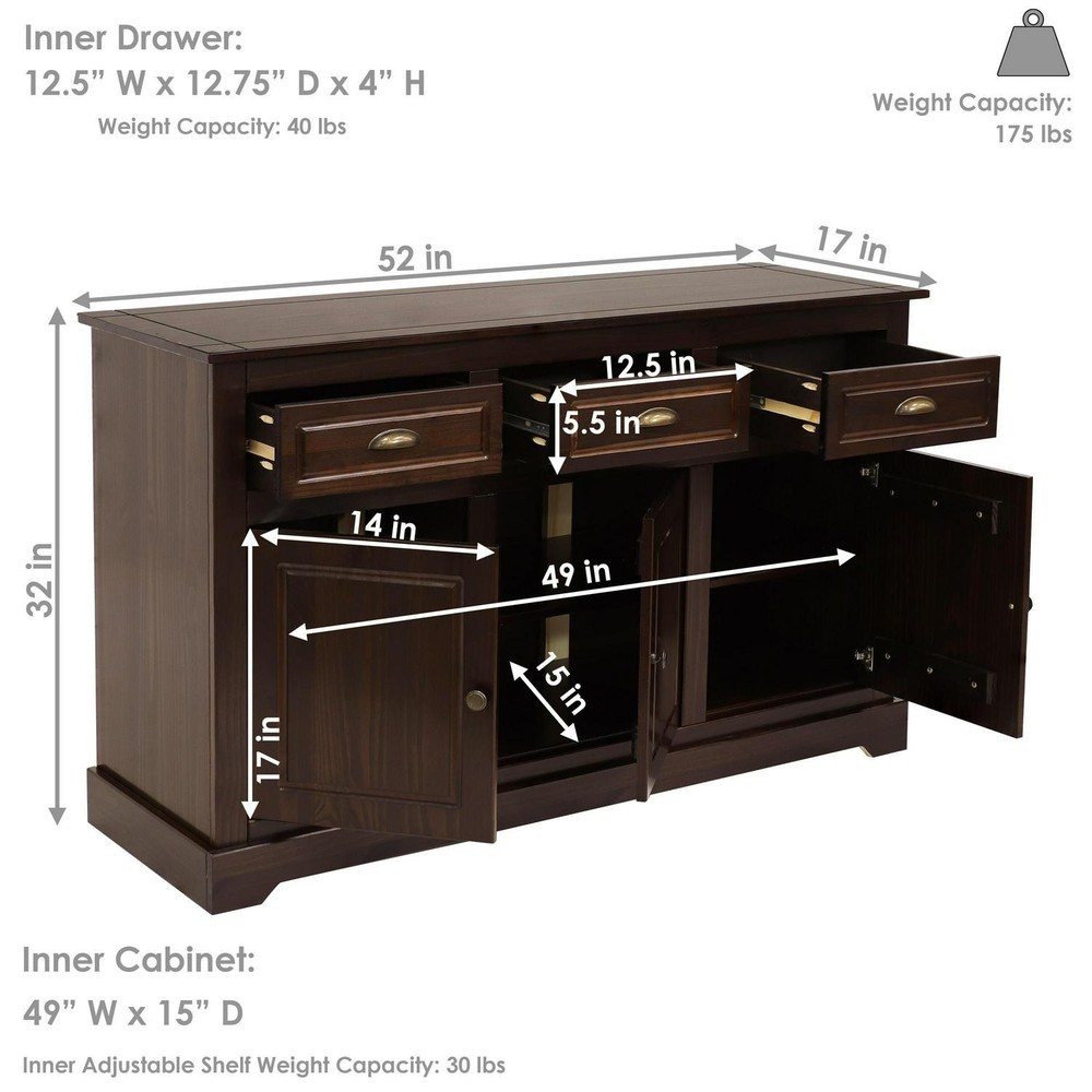 Solid Pine Sideboard With 3 Drawers And 3 Doors - 32 In