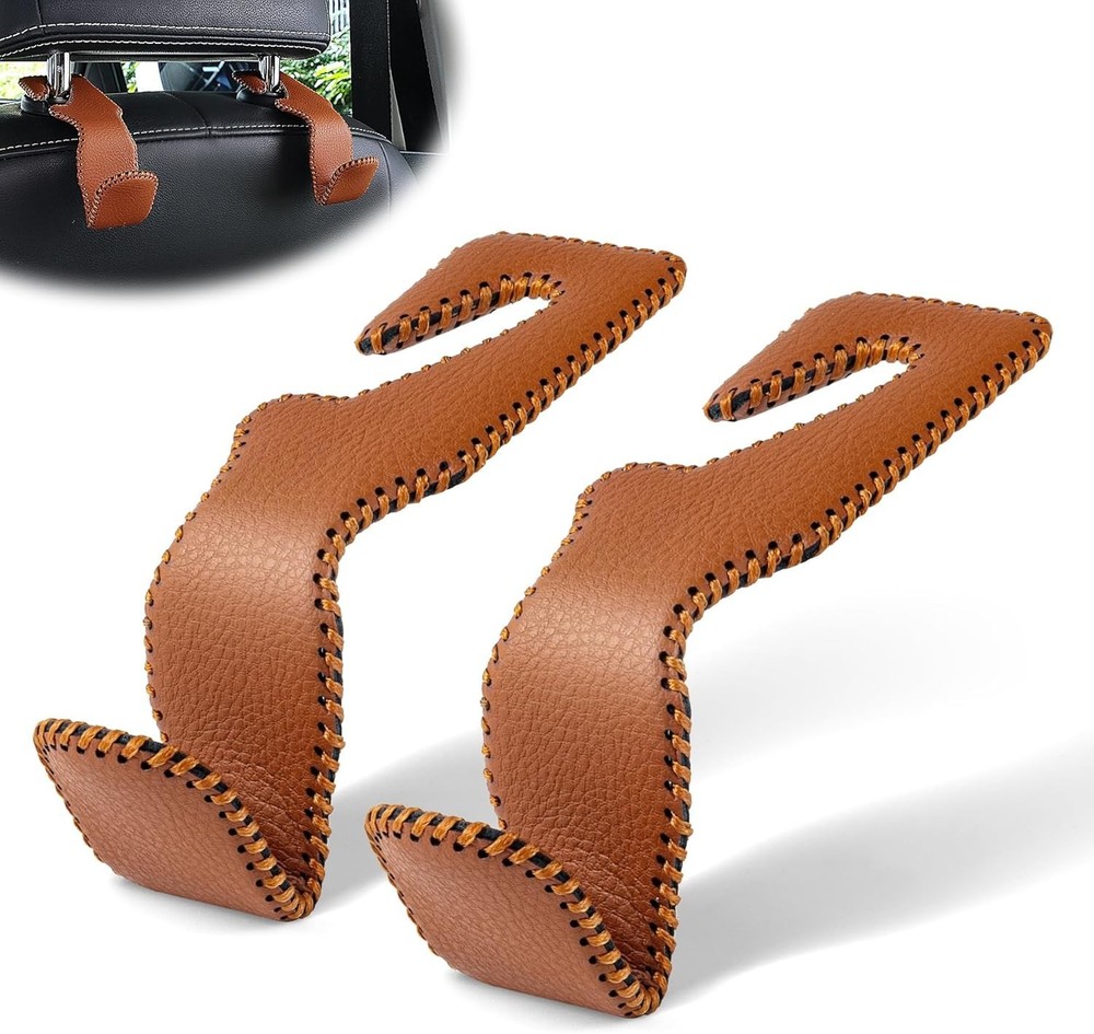 Luxurious Leather Car Headrest Hook Set - 2 Hooks for Easy Access to Your Gear
