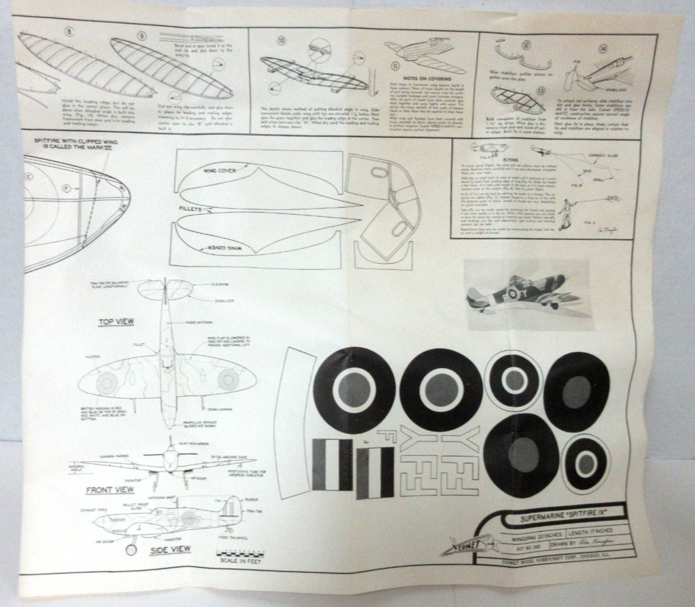 1960's Comet Spitfire IX Balsa Airplane Model Kit #3402 with Instructions