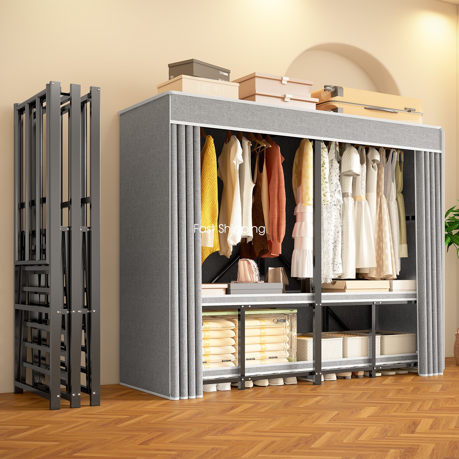 Heavy Duty Portable Metal Closet with Cover Foldable Covered Clothes Rack NEW