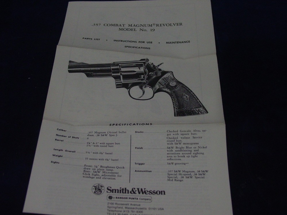 Factory Original Smith & Wesson Model 19 Manual S&W *