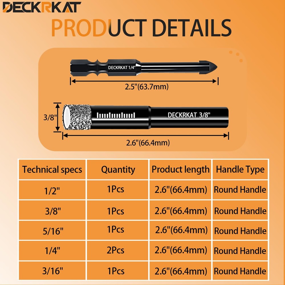 DECKRKAT 7-Piece Dry Diamond Drill Bits & 7 Pack (with Carbide)