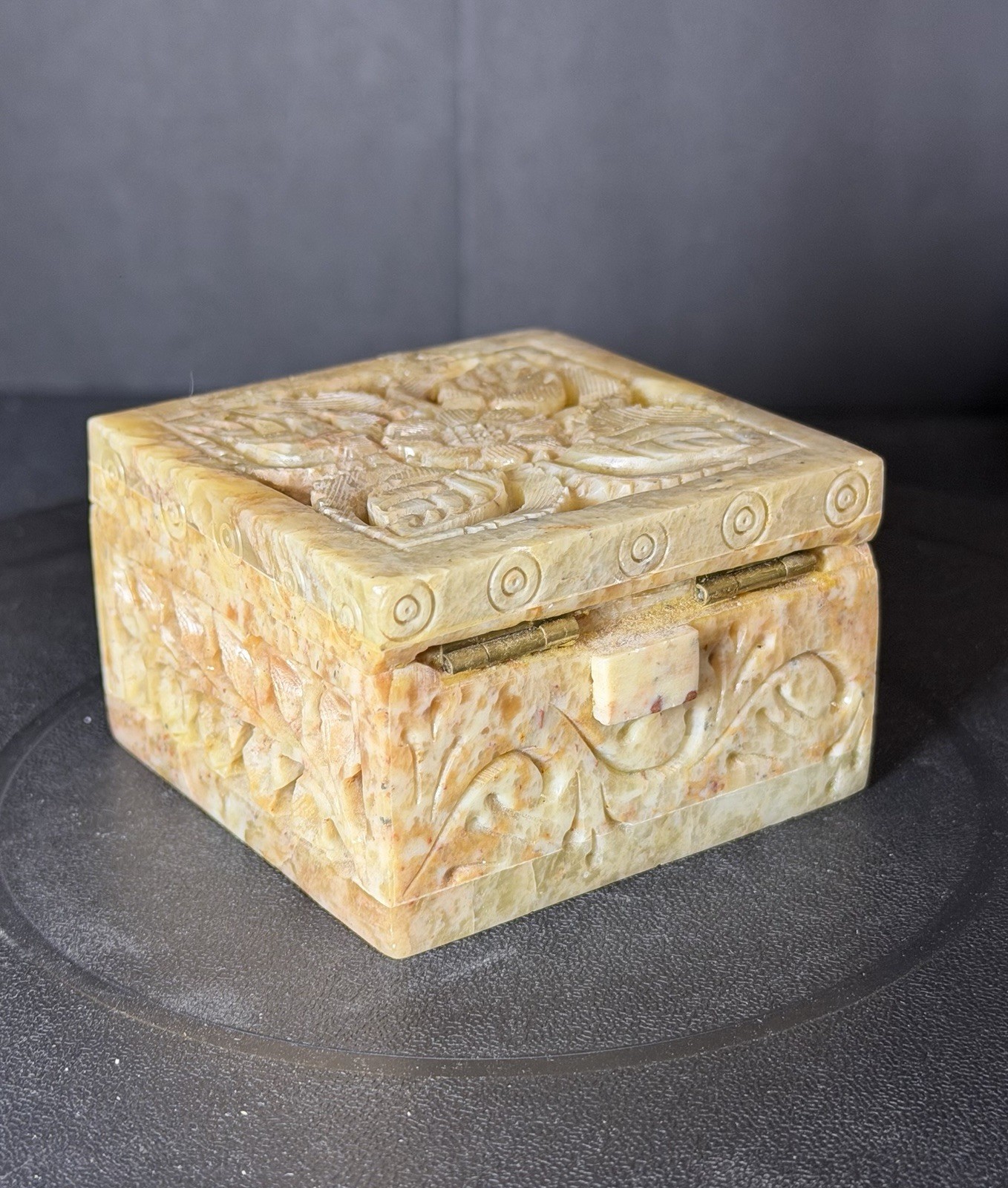Vintage Intricate Hand Carved Soapstone Trinket/Marble Jewelry Box - 3”x 3”