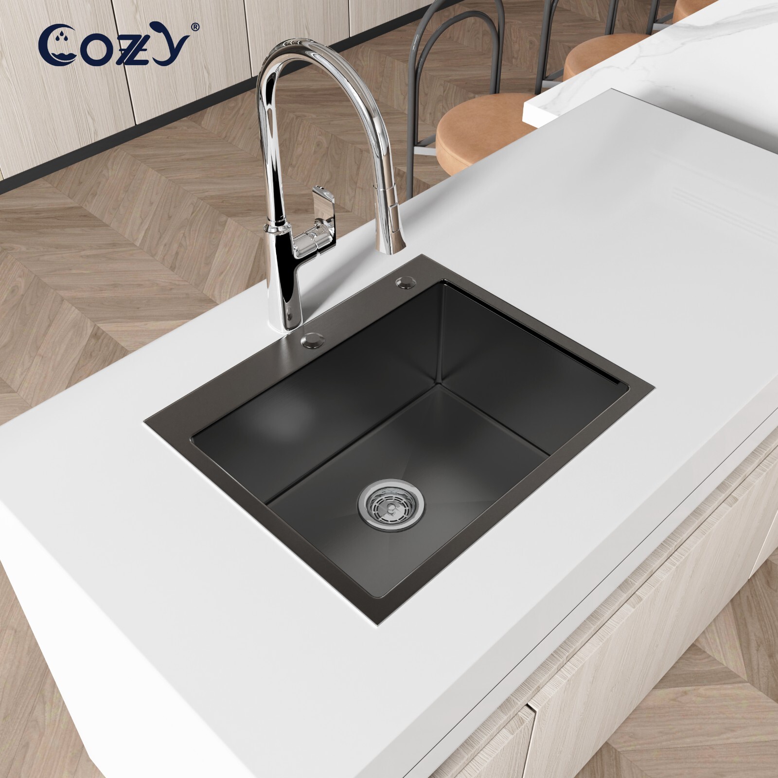 COZY Stainless Steel Kitchen Sink, 23" Single Bowl in Matte Black