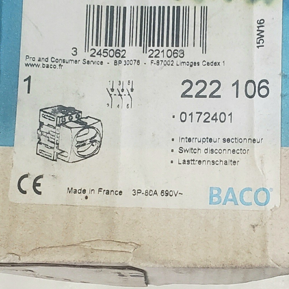 Baco 0172401 Panel Mount Disconnect Switch 3 Pole 80 Amp