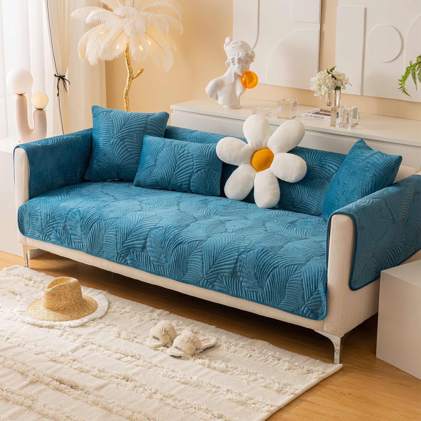 Plush Quilted Sofa Slipcover Sectional Couch Cover Anti Scratch for Pets Kids