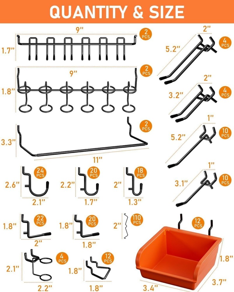 276PCS Extra Thick 1/4" Pegboard Accessories Organizer Kit Pegboard Hooks Bins