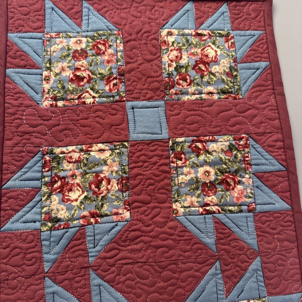 Quilt Wall Hanging Or Table Runner Patchwork Bear Claw Pink Blue