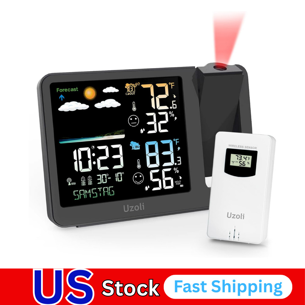 Projection Alarm Clock Weather Station, WWVB Atomic Projector Clock with Sensor,