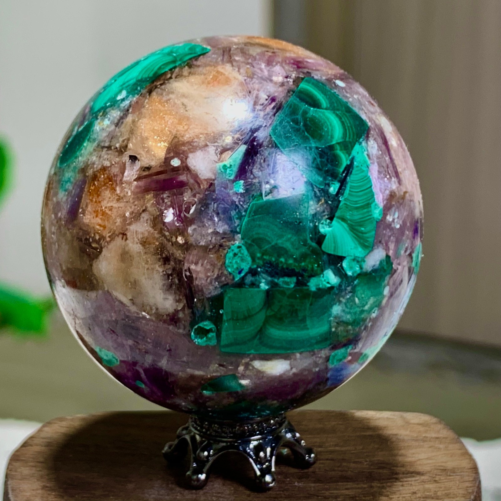 116G Newly discovered rare malachite purple mica symbiotic sphere restoration