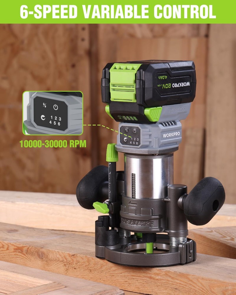 WORKPRO 20V Cordless Compact Router Tool 6 Speed Multi-Angle Adjustable Straight