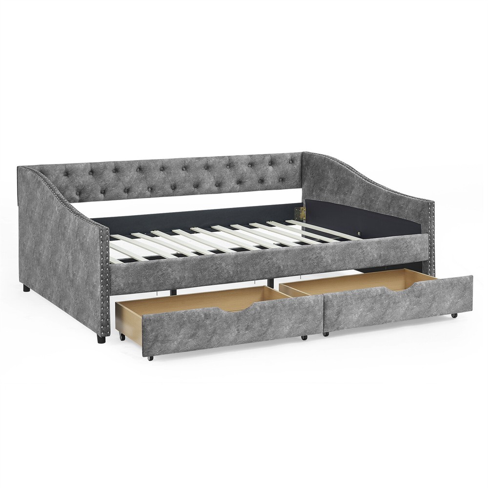 Full Size Daybed Upholstered Bed Frame Sofa Bed with 2 Storage Drawers US