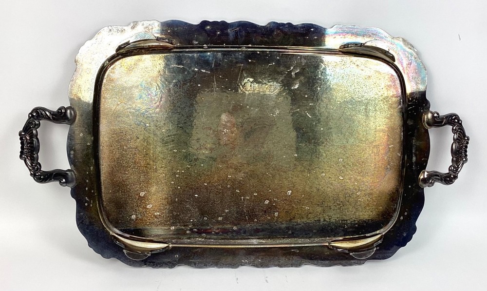 Large Vintage Footed Double Handle Silver Plated Serving Tray