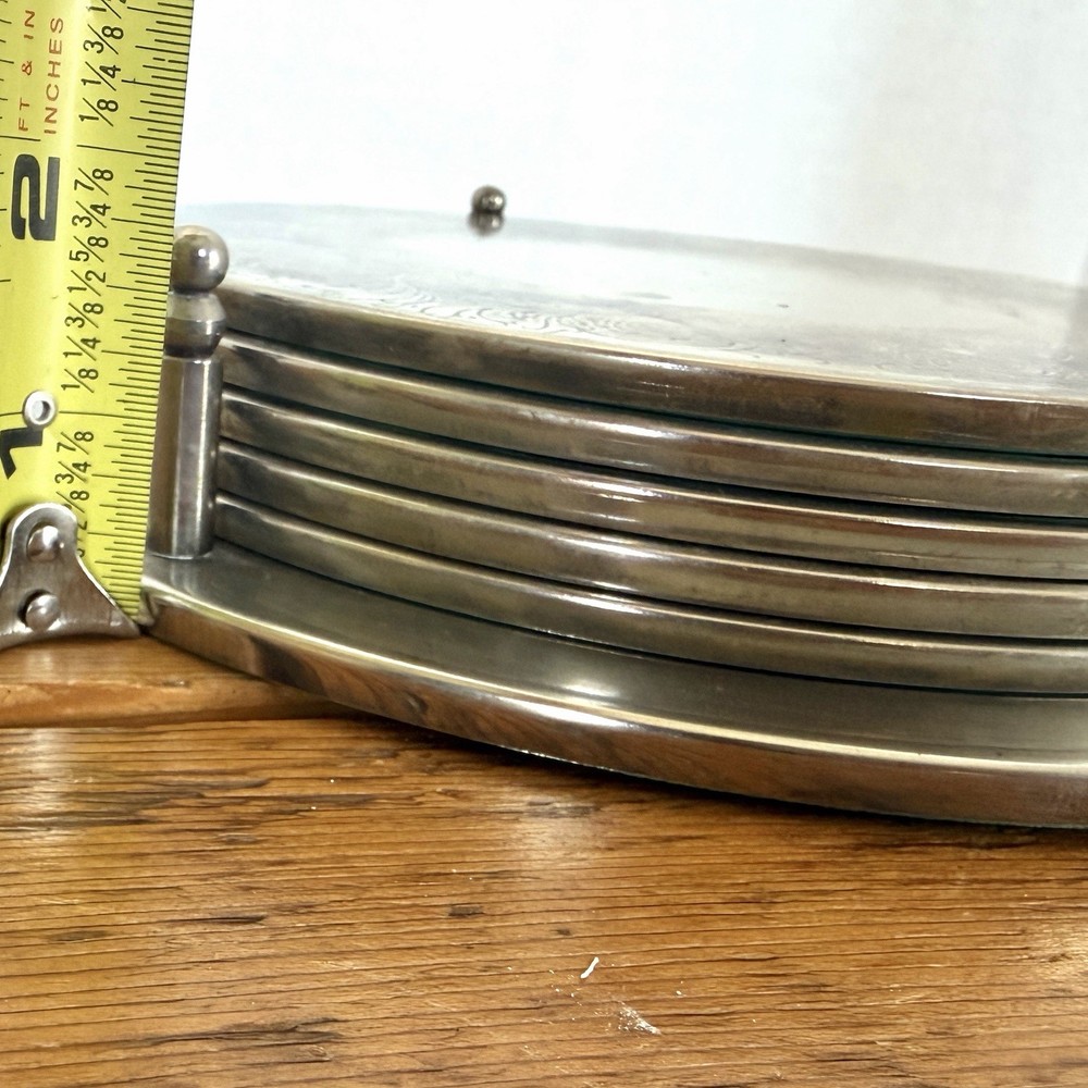 Vtg 70’s Silver Plate Scroll Design Engraved Round 5 Pc Trivet Set W/ Holder 7.5