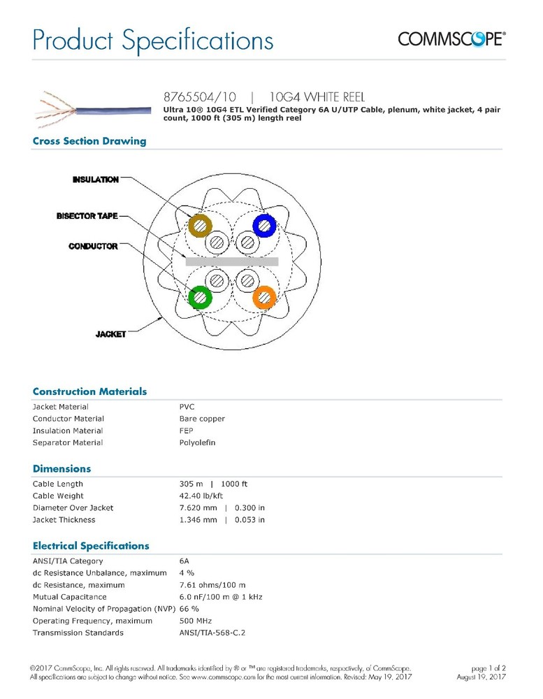 Commscope 10G4 Ultra 10 Cat6A U/UTP Plenum Network Cable White /100ft