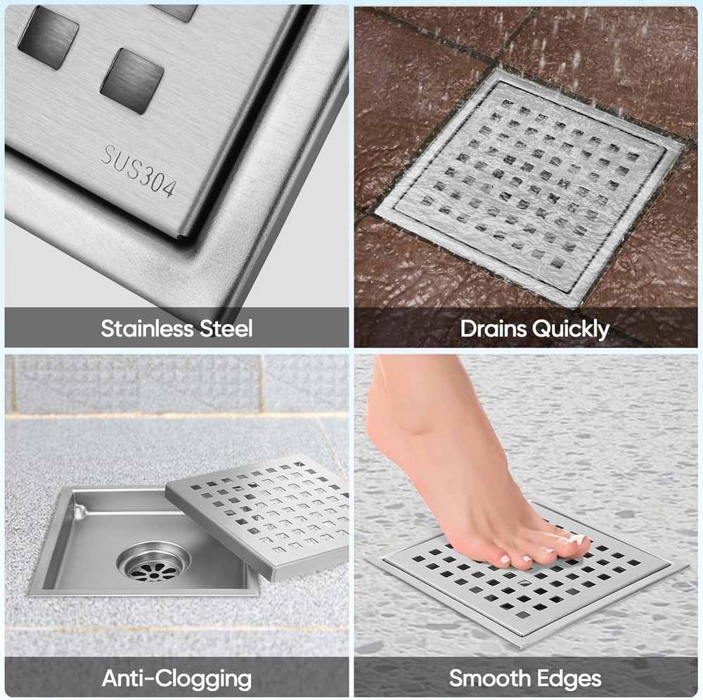 TICONN 6'' Square Removable Floor Shower Drain, Rustproof SUS 304