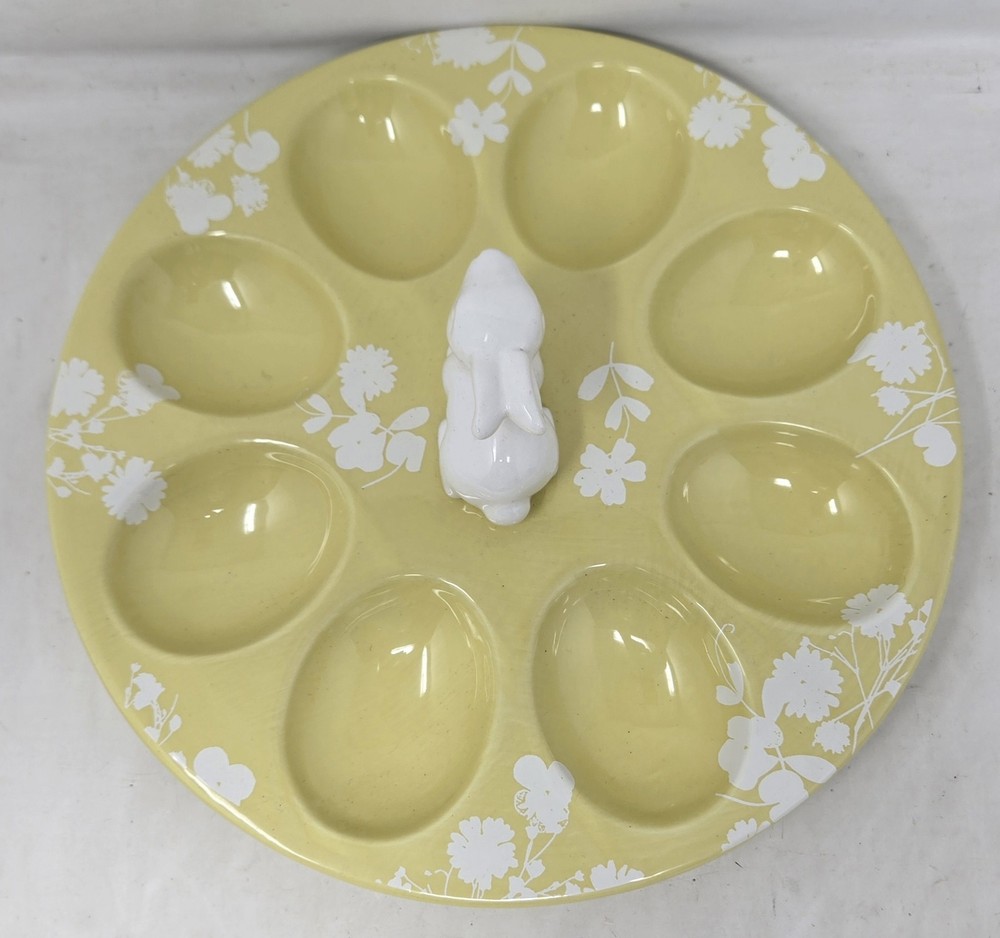 Yellow White Floral Bunny Rabbit Deviled Egg Plate Dish Server 8 Eggs Easter