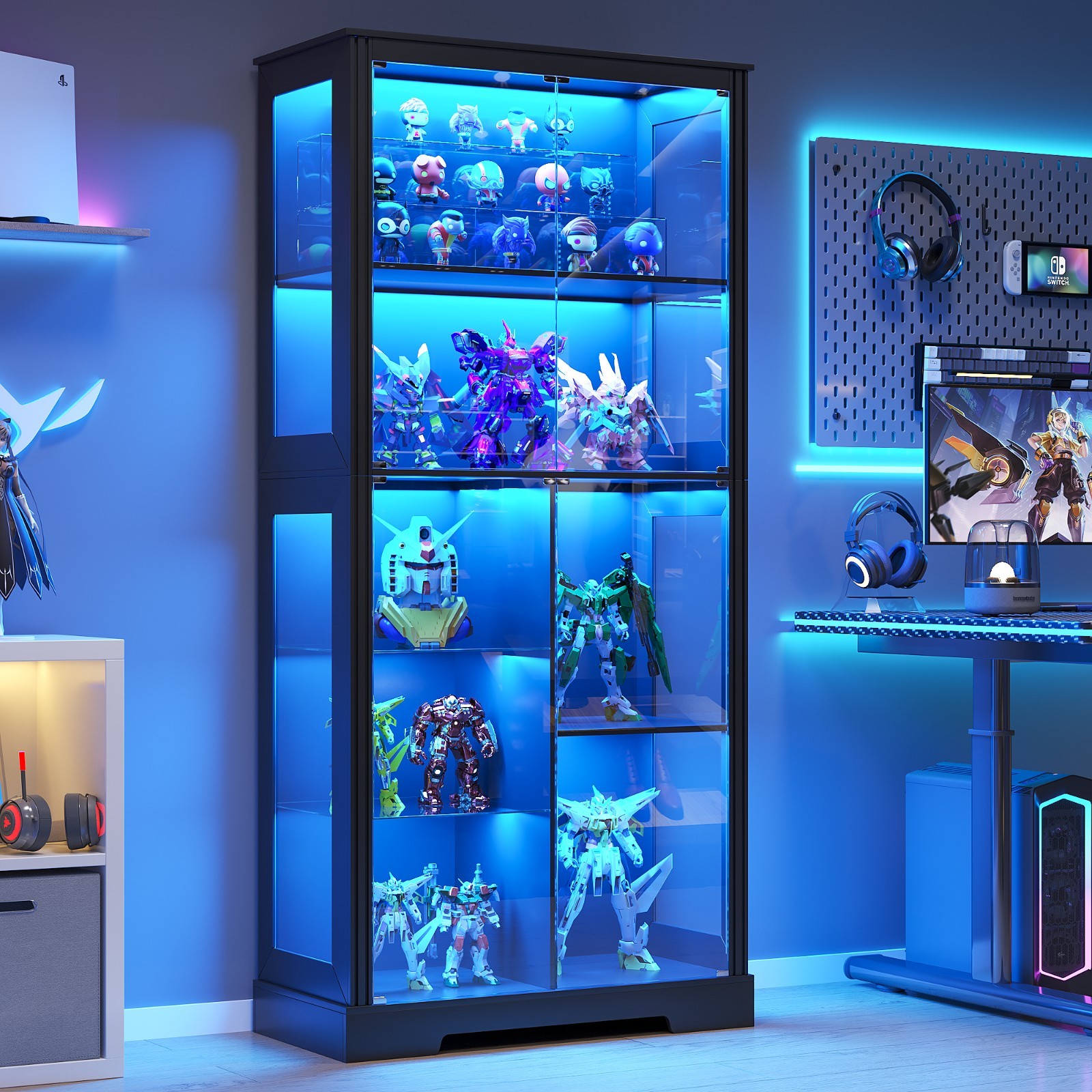 Gurexl Display Cabinet with Glass Doors, 7-Tier Curio Cabinet with LED Lights