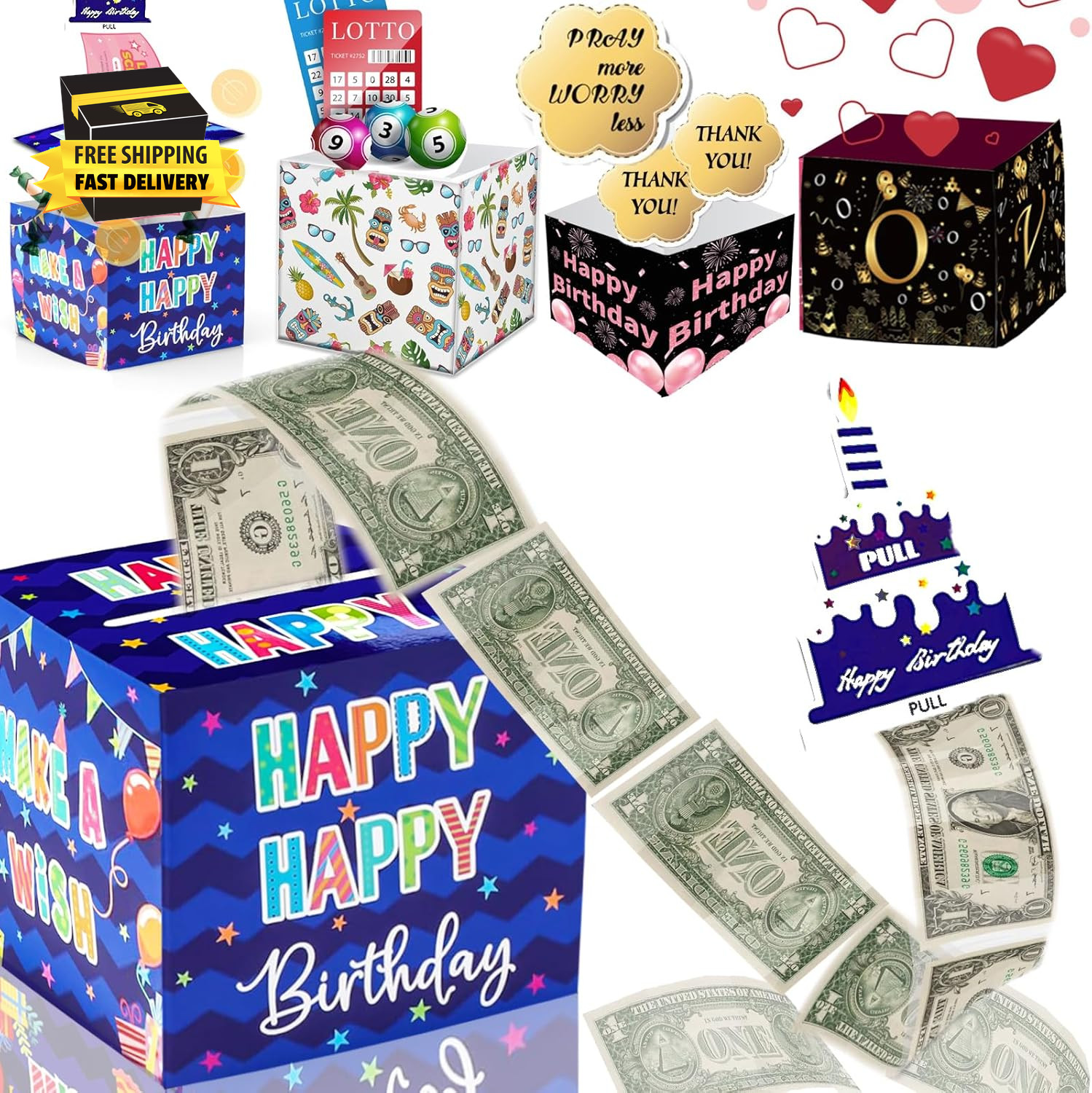 Birthday Money Box for Cash Gift Pull, Surprise Money Roll Gift Box with Pull Ou