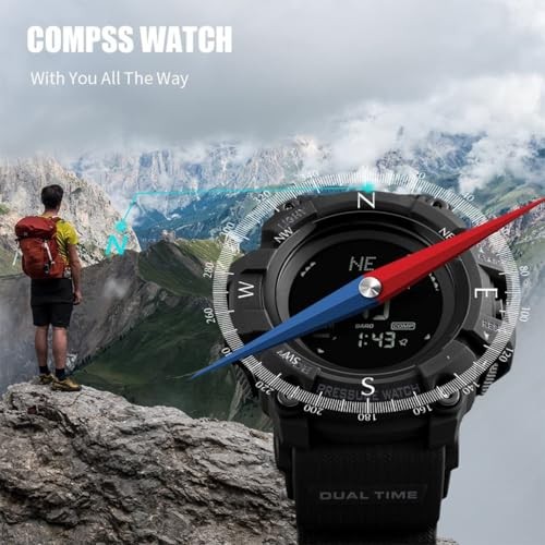 Watch Compass, Altimeter Barometer Thermometer Temperature, Pedometer, Black-A
