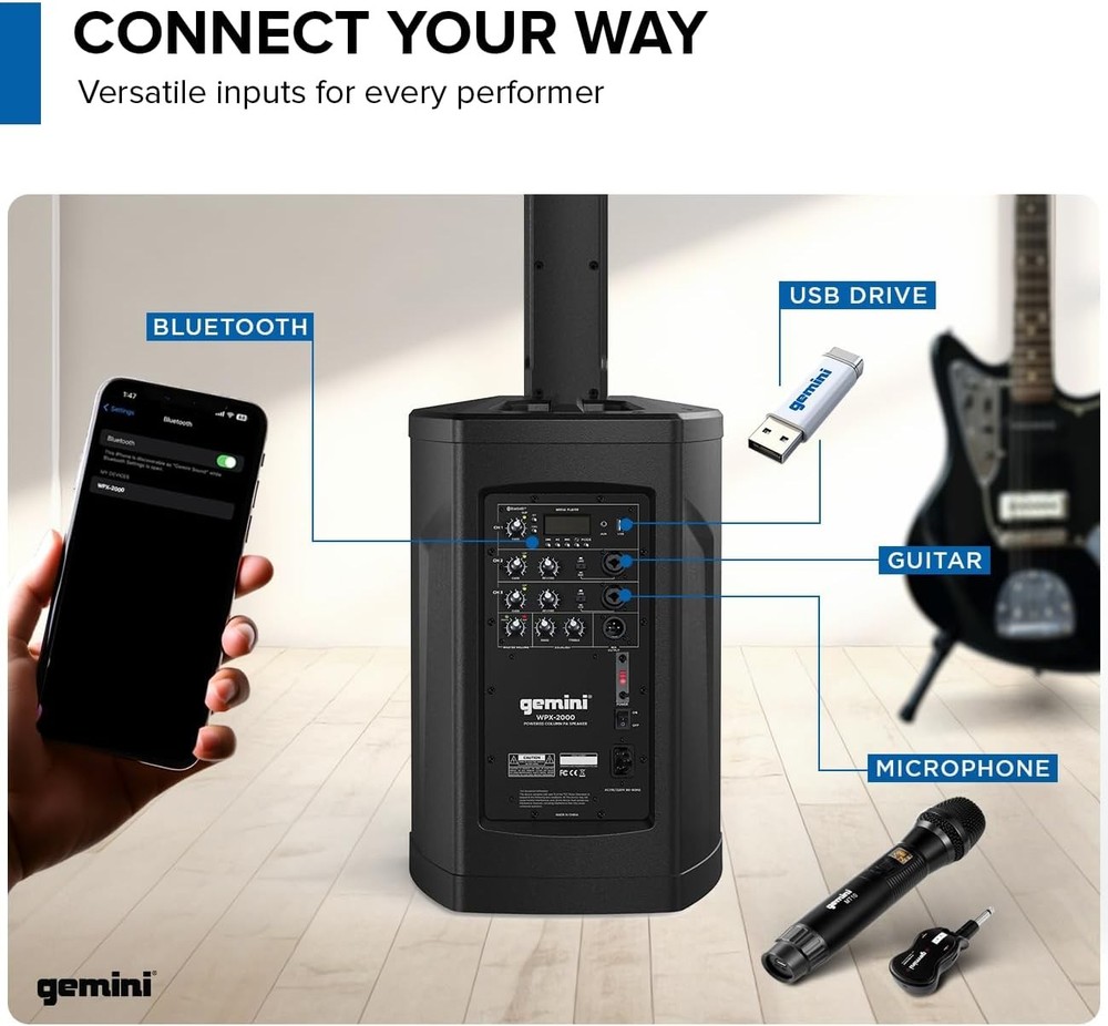 Gemini Sound Powered Line Array PA System with 8" Subwoofer, Mixer & Bluetooth