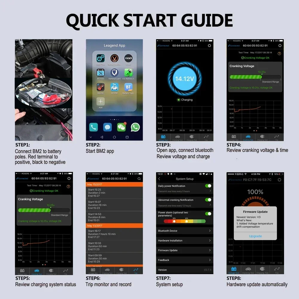 Battery Tester Bluetooth Analyzer 12V Voltage Test Diagnostic Tool For Samsung