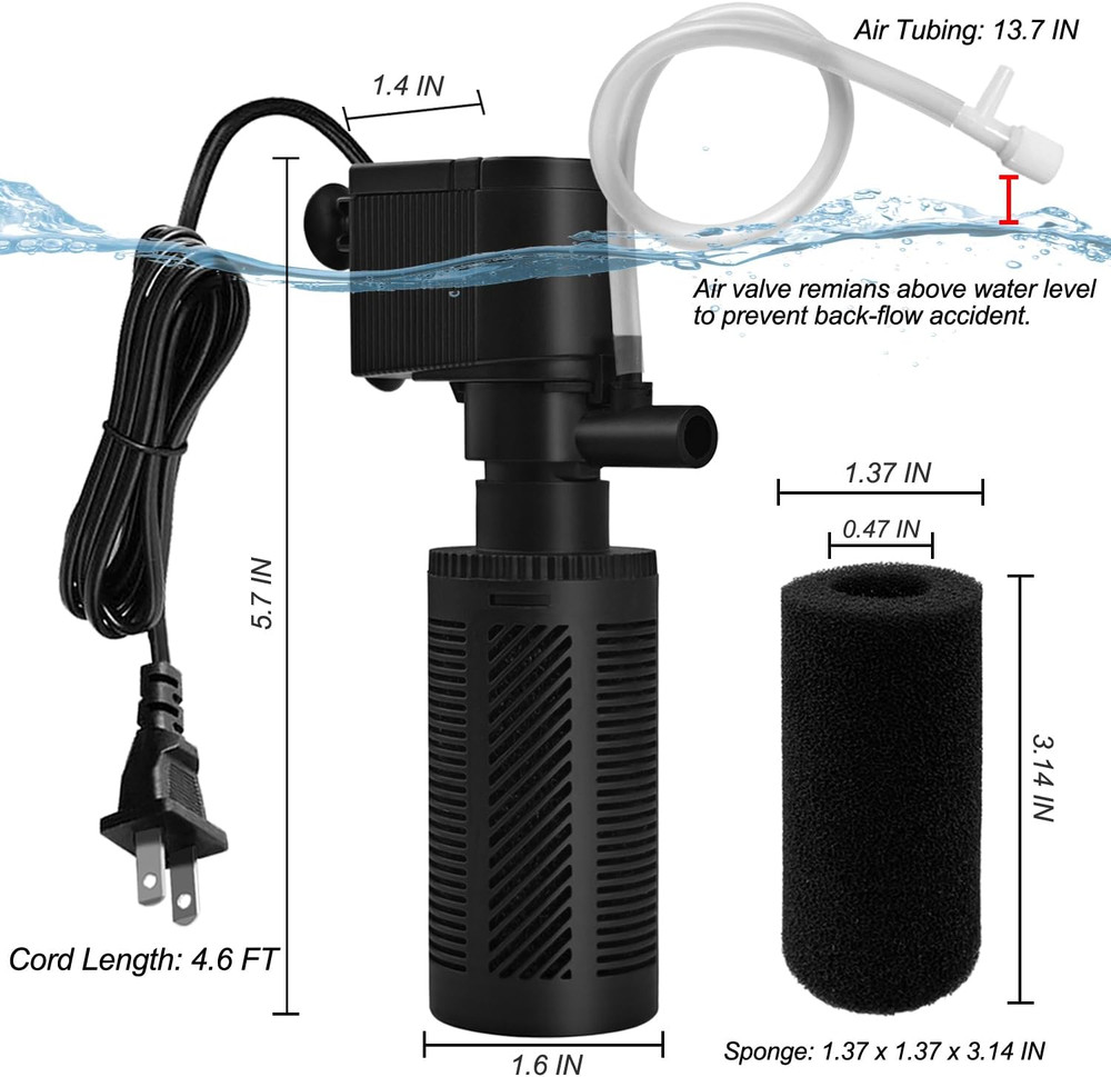 DOMICA Small Aquarium Filter with Aeration System 92GPH 5W Internal Filter
