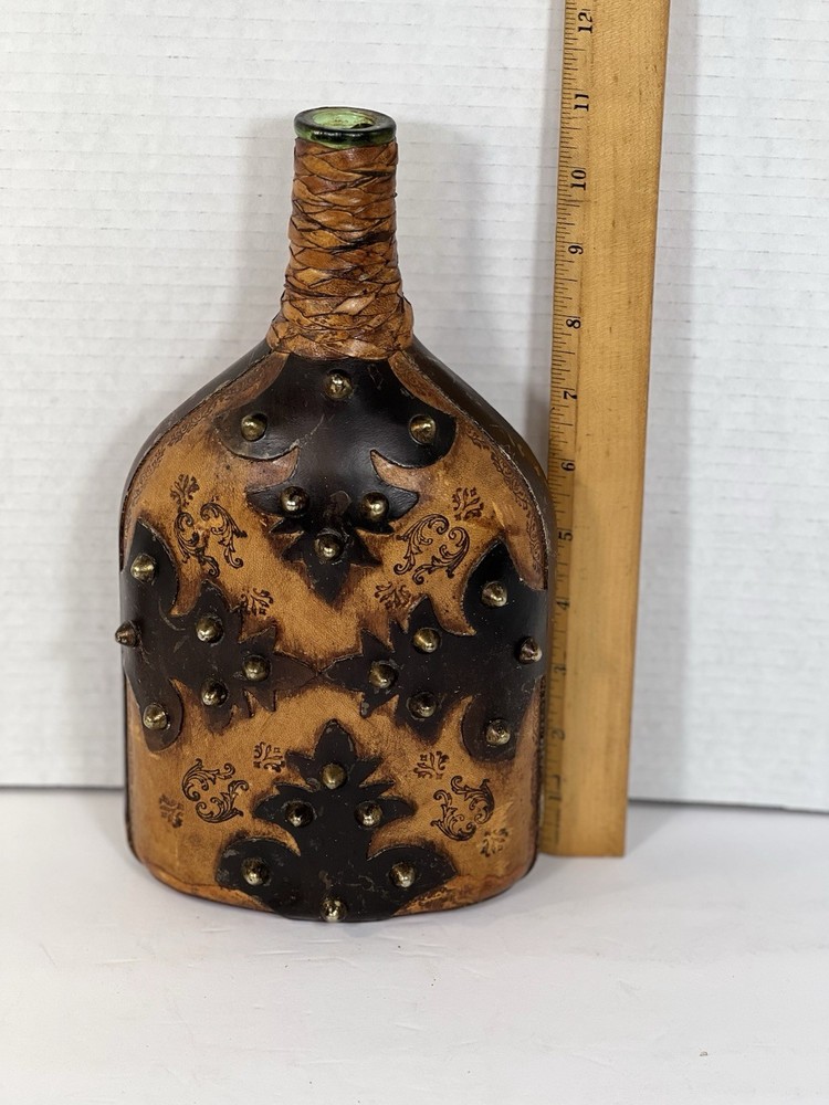 Vintage Leather Wrapped Decanter Bottle Tooled Embossed Brass Studs Barware