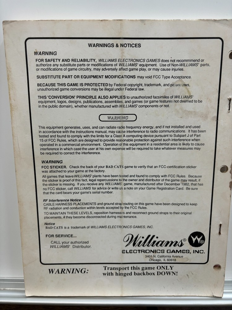 ORIGINAL-WILLIAMS-BAD CATS-OPERATION MANUAL-OPERATORS HANDBOOK