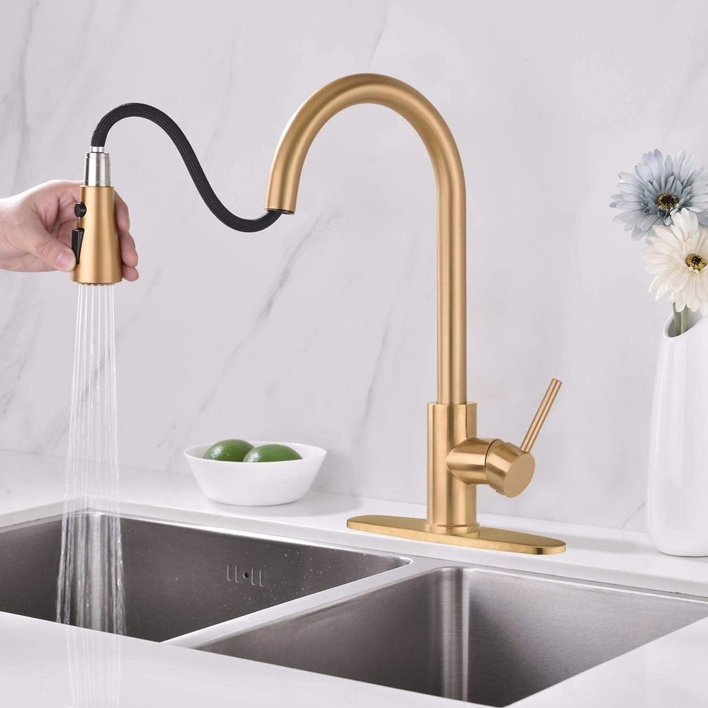 Brushed Gold Kitchen Sink Faucet Pull Down Sprayer Swivel Single Handle Mixer