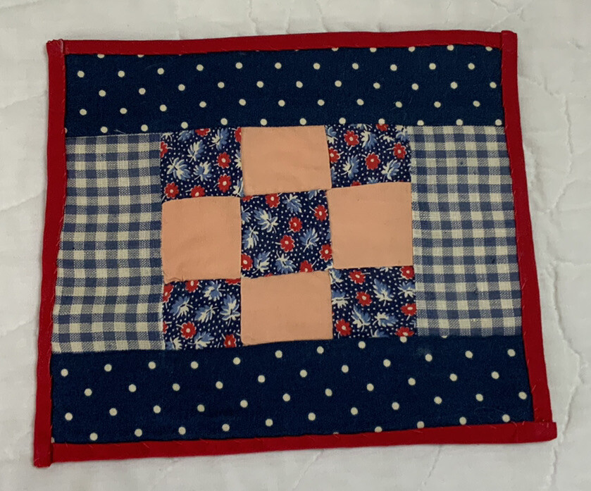 Vintage Patchwork Mini Quilt Table Topper Or Doll Quilt, Nine Patch, Blue, Navy