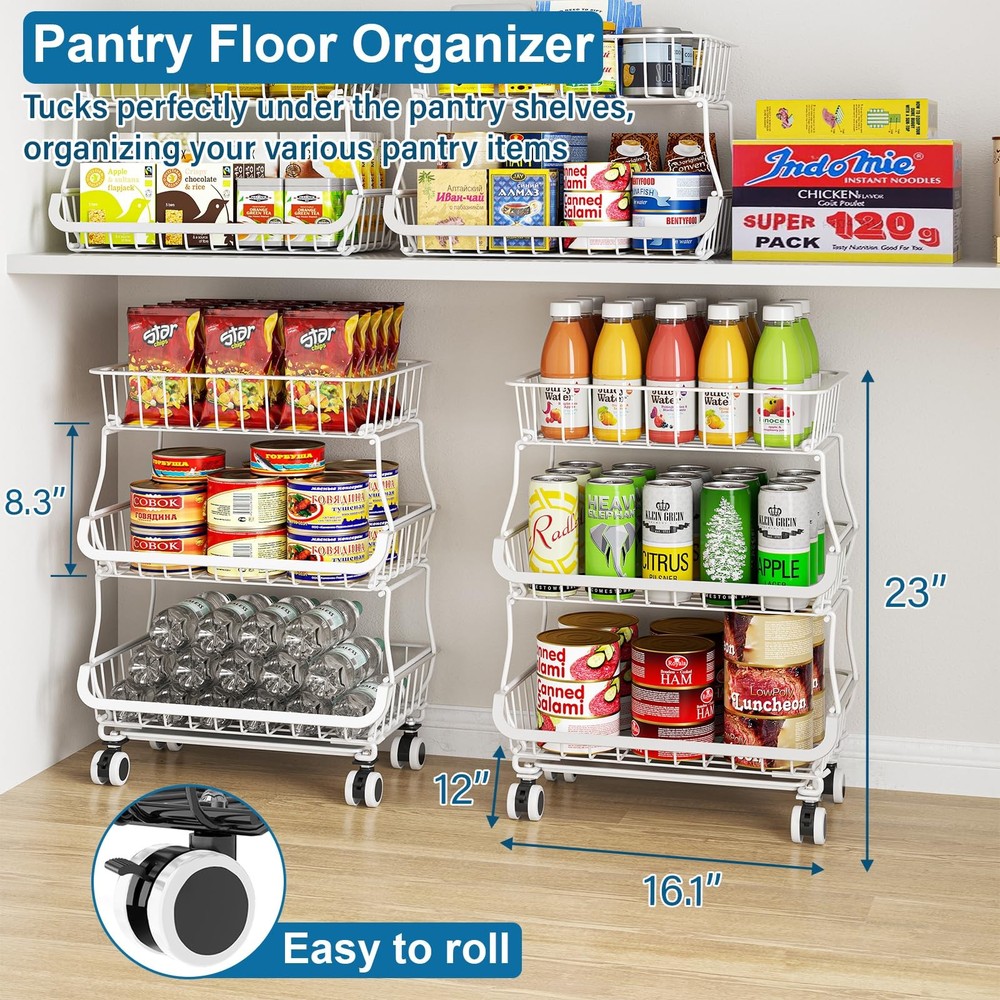 3-Tier Rolling Pantry Floor Organizer and Storage Cart with Wheels, Stackable...