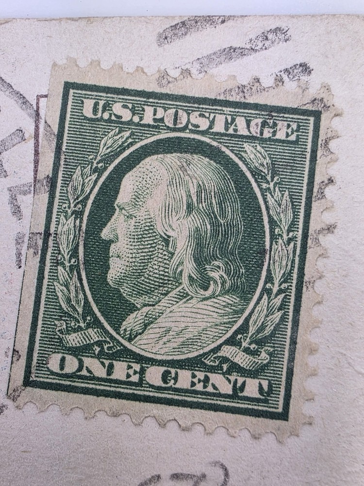 Rare 1910 Benjamin Franklin 1 Cent Stamp Flat Left Edge on Easter Postcard