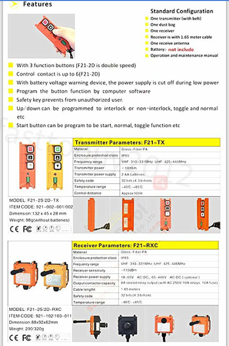 Two Button Wireless Industrial Radio Remote Control Transmitter Receiver 440V