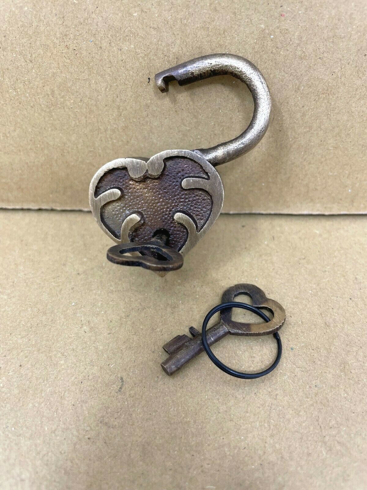 Padlock Small Victorian Heart Shaped Brass Lock, Antique Finish with 2 Keys