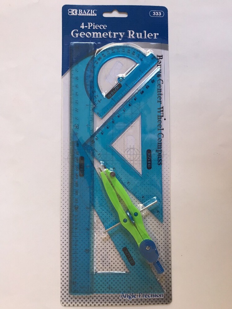 5-Piece Geometry Ruler Straight Triangle Protractor Compass Bazic New