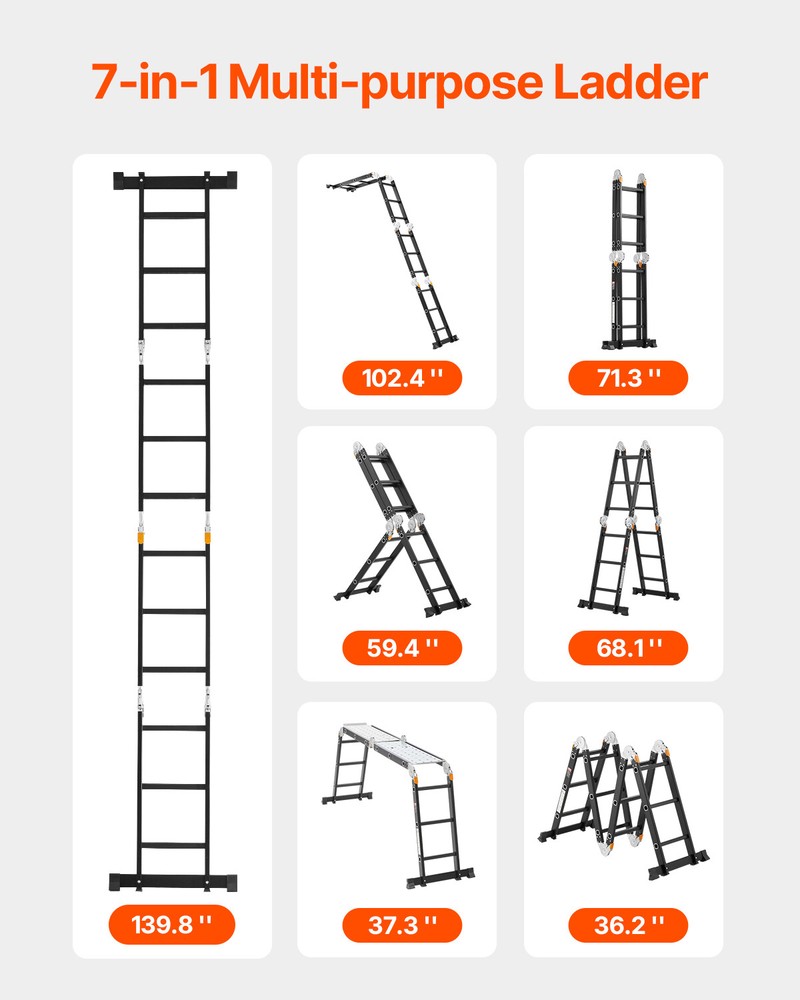 Multi-Purpose Folding Ladder 7-in-1 3 Step 12ft with Scaffolding Plank