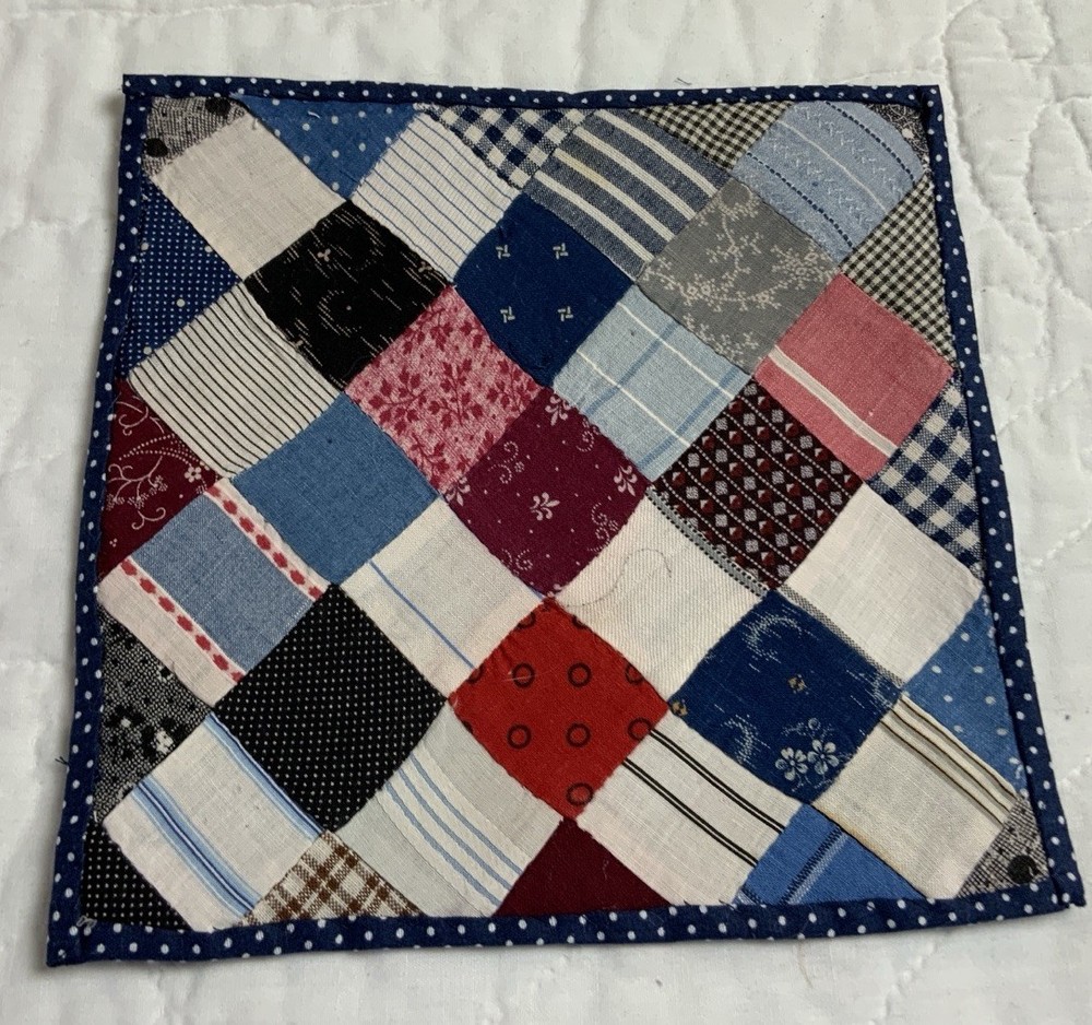 Vintage Patchwork Quilt Table Topper, Four Patch, Early Calico Prints, Blue, Red