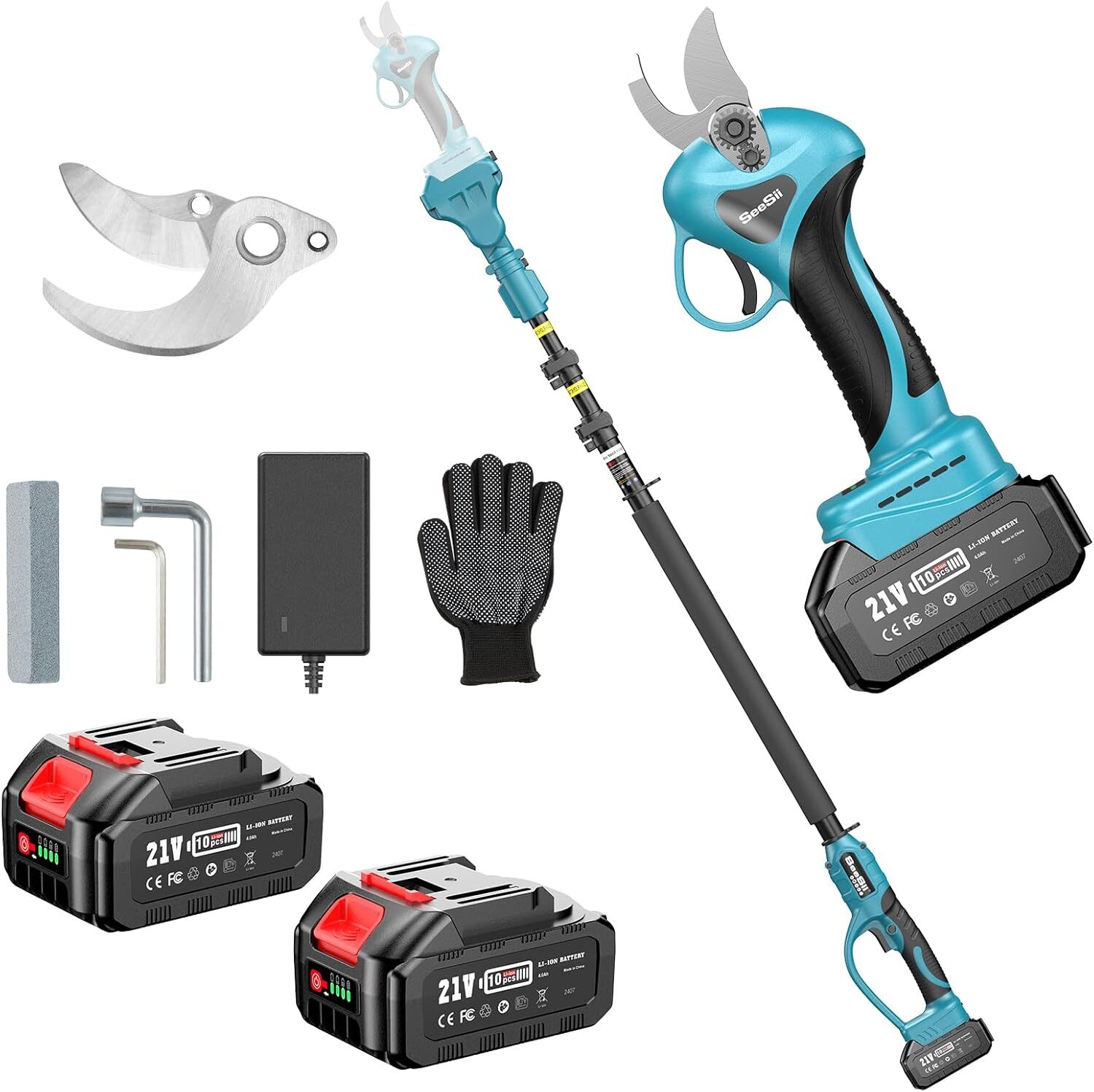 Seesii 2-in-1 Cordless Pole Pruning Shears, 15Ft Reach Brushless 2x4.0A Battery