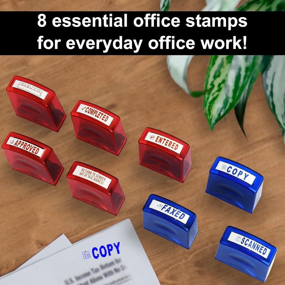 Self Inking Office Stamp Set 8 PCS with Plastic Tray